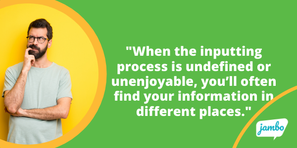 Image of a USB, post-it-notes, and a desktop with the quote "When the inputting process for your stakeholder information is undefined or unenjoyable, you'll find your information in different places, which can hurt your stakeholder relationship efforts."