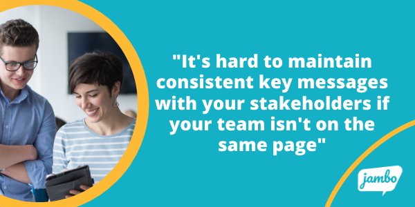 Team working with Jambo with the quote "Its hard to maintain consistent key messages with stakeholder information if you and your teammates arent on the same page, and this breaks down trust and stakeholder relationships"