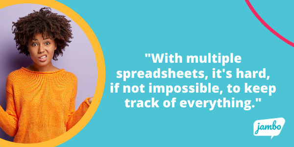 Woman with her head down feeling frustrated with spreadsheets. Quote says "with multiple spreadsheets, it's hard, if not impossible, to keep track of all your stakeholder information, which is problematic for building stakeholder relationships"