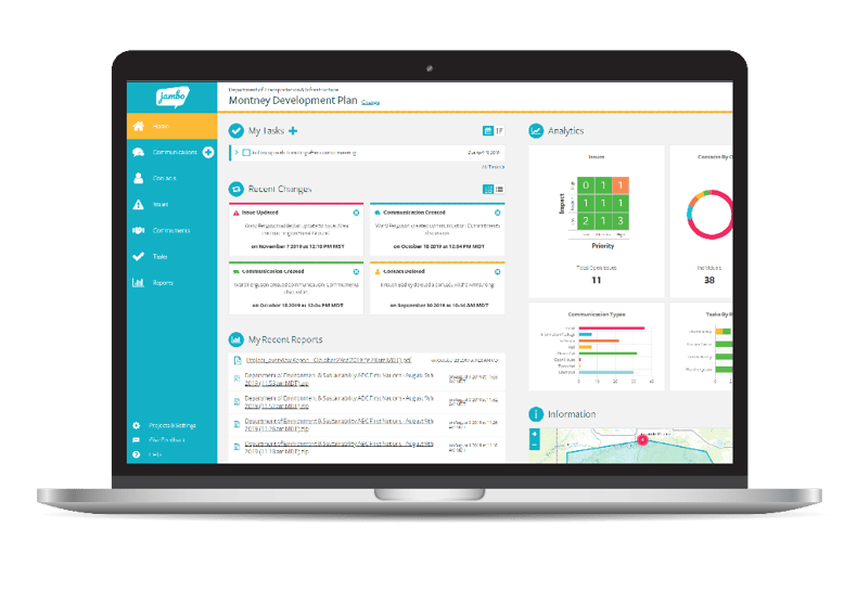 A computer with the Jambo stakeholder engagement software dashboard.