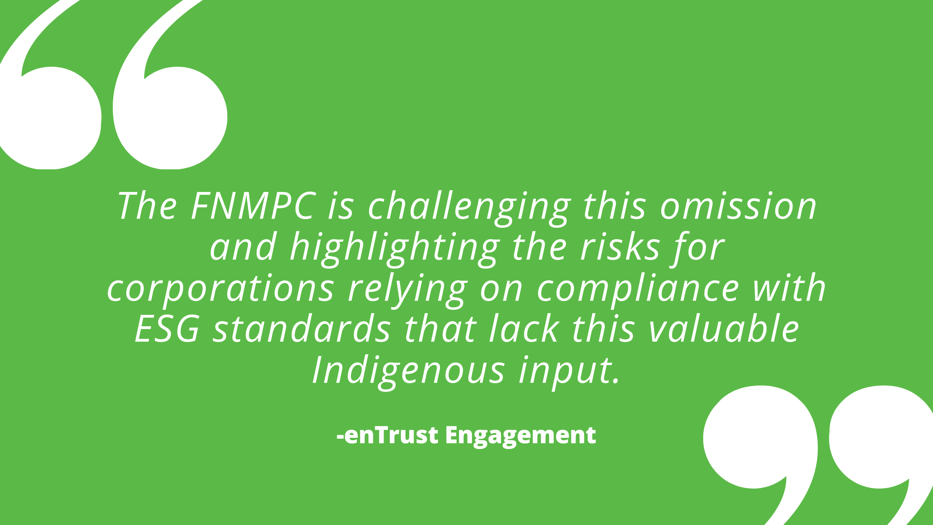 The FNMPC is challenging this omission and highlighting the risks for corporations relying on compliance with ESG standards that lack this valuable Indigenous input.