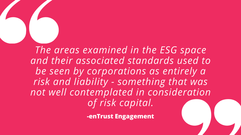 Die im ESG-Bereich untersuchten Bereiche und die damit verbundenen Standards wurden von den Unternehmen bisher ausschließlich als Risiko und Haftung betrachtet - etwas, das bei der Betrachtung des Risikokapitals nicht gut berücksichtigt wurde.